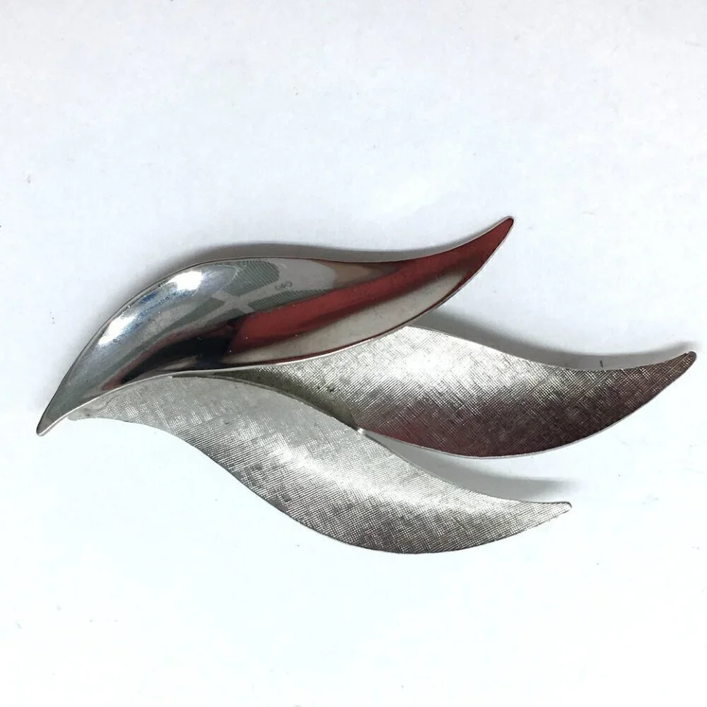 Silver Tone Leaves Brooch Large Leaf Pin Minimalist Art Deco Jewelry MCM Retro
